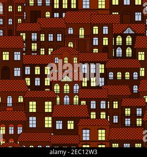 Notte europea città senza giunture di vecchie strade ed edifici con tetti in ceramica e finestre lucenti. Viaggi, sfondo immobiliare o muro Illustrazione Vettoriale