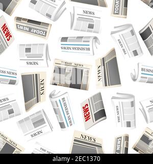 Quotidiani freschi modello continuo di cartoni animati piegati giornali casualmente sparsi su sfondo bianco. Media, tema di notizie o interior design Illustrazione Vettoriale