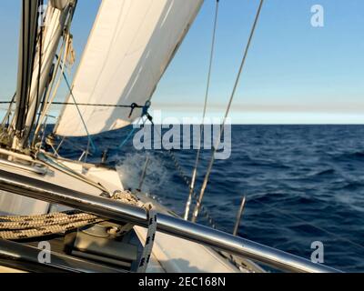 Yacht a vela lontano dalle teste del porto di Sydney, in una giornata tranquilla e soleggiata. Vista dall'abitacolo della barca sull'orizzonte, con l'oceano calmo davanti Foto Stock