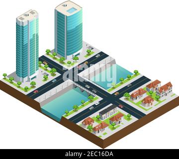 Composizione isometrica del paesaggio urbano con grattacieli moderni case suburbane vicino al canale immagine vettoriale su sfondo bianco Illustrazione Vettoriale