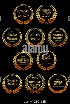 Luxury Quality garantisce etichette con corone d'alloro brillanti, decorate da divisori e corone ornamentali Illustrazione Vettoriale