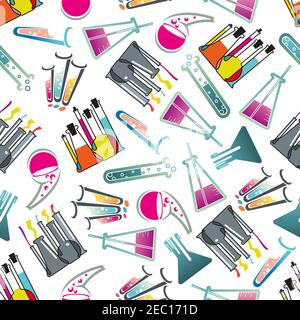 Tema chimico di laboratorio modello senza saldatura con provette, matracci e becher riempiti con liquidi colorati con bolle sparse casualmente su bianco Illustrazione Vettoriale