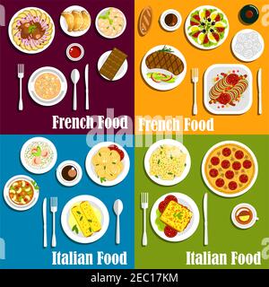 Cucina francese e italiana piatti popolari con icone piatte di pizza, pasta, stufato di ratatouille, salsiccia, zuppa di crema, risotto con gamberi, croissant, be Illustrazione Vettoriale