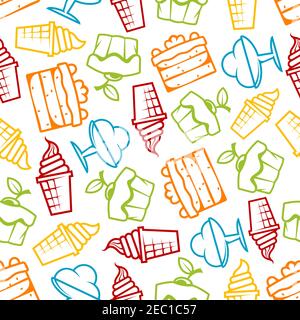 Cupcake e gelato dal motivo senza cuciture con contorni gustosi muffin ricoperti di ciliegia, torte al cioccolato con panna, gelato morbido Illustrazione Vettoriale