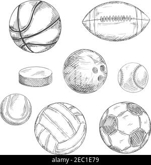 Palloni sportivi e hockey su ghiaccio, bozzetti con calcio e calcio americano, hockey su ghiaccio e pallacanestro, baseball e pallavolo, bowling e tennis ba Illustrazione Vettoriale