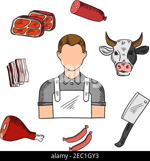 Macellaio maschile con prodotti a base di carne icone abbozzate di colore con salsicce di maiale, pancetta e prosciutto secco, bastone di salame e bistecche di manzo fresco, coltello sfaldante A. Illustrazione Vettoriale