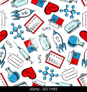 Scienza, medicina e ricerca di laboratorio modello senza giunture con pillole, modelli molecolari, siringhe, cuori, matracci da laboratorio, figure geometriche, rocke Illustrazione Vettoriale