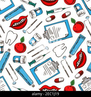 Medicina dentale di base per odontoiatria, trattamento dentale e disegno di igiene. Disegno senza cuciture di denti, strumenti dentistici e siringhe, pillole e dentifricio Illustrazione Vettoriale