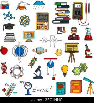 Ricerca scientifica e formazione simboli di schizzo con libri, computer, microscopi, scienziati, matracci da laboratorio, apparecchiature elettriche e circuiti, DNA, Illustrazione Vettoriale