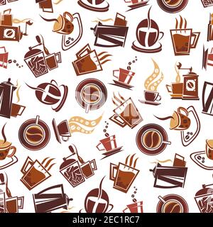 Caffè marrone modello senza cuciture di tazze di caffè appena fatto, mulini retrò e pentole, adornati da chicchi di caffè. Uso in caffetteria o nel design del menu cafe o. Illustrazione Vettoriale