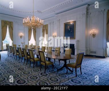 Camere Casa Bianca: Sala da pranzo di Stato, Sala di ricevimento diplomatica. Vista sulla sala da pranzo statale. White House, Washington, D.C. Foto Stock