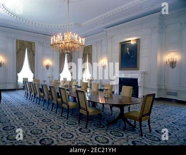 Camere Casa Bianca: Sala da pranzo di Stato, Sala di ricevimento diplomatica. Vista sulla sala da pranzo statale. White House, Washington, D.C. Foto Stock