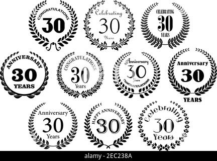 Retrò stilizzato decorativo 30 anni anniversario corone d'alloro simboli neri con testo di saluto. Grande per invito, festa e giubilare desi Illustrazione Vettoriale