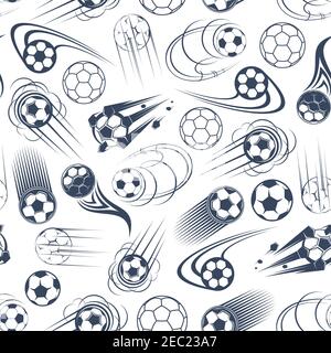 Modello di gioco di calcio con sfondo grigio e bianco senza cuciture di velocità volo di palle da calcio con curve e percorsi di moto di potenza. Gioco sportivo Illustrazione Vettoriale