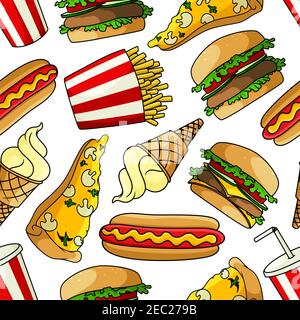 Cartone animato luminoso fast food senza cuciture con pizze vegetariane condite con funghi e formaggio, hamburger e cheeseburgers con verdure fresche, Illustrazione Vettoriale