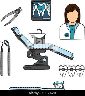 Studio dentistico con posto di lavoro della dentista femminile, immagine radiografica del dente incrinato sulla bacheca, sedia dentista con specchio dentale, sonda e pinze, Illustrazione Vettoriale