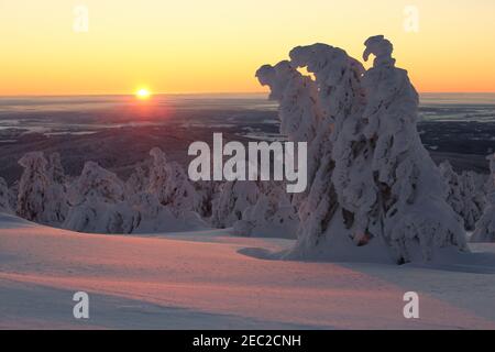 Schierke, Germania. 13 Feb 2021. Il sole appare all'orizzonte sul Brocken. Freddo ghiacciato il vento soffia oggi sul Brocken. Temperature di meno 20 gradi sono state misurate sul picco di Harz più alto. Solo pochi escursionisti si sono avventurati fino al Brocken per l'alba nelle temperature gelide. Credit: Matrhias Bein/dpa-Zentralbild/dpa/Alamy Live News Foto Stock