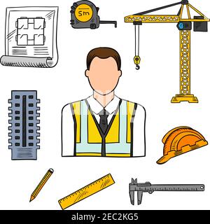 Professioni di ingegneria civile progettazione di ingegneria architettonica in giallino ad alta visibilità con architetti disegno, matita, regolo, edilizia, protec Illustrazione Vettoriale