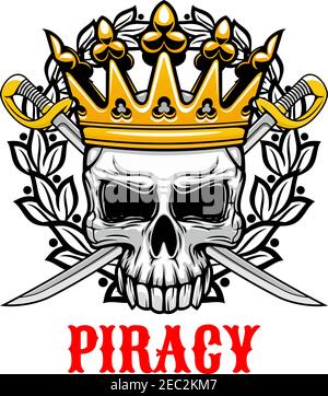 Cranio orribile che indossa l'icona della corona dorata per jolly roger o. simbolo di pirateria e il re dei pirati concept design con coronato vecchio cranio umano con croce Illustrazione Vettoriale