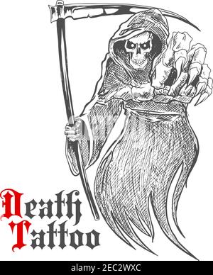 Disegnate il cartoon temibile e temibile reaper in vecchio mantello agganciato con la falce che punta allo spettatore. Personaggio mostro di morte o scheletro per la stampa di t-shirt o tatto Illustrazione Vettoriale