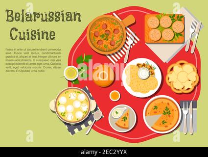 Tradizionale babka di patate bielorussa e frittelle di patate icona draniki servito con panna acida e funghi fritti, zuppa spessa con verdure e dumpli Illustrazione Vettoriale
