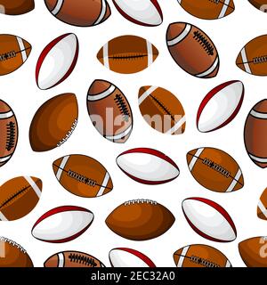 Palline da calcio e rugby americane motivo senza cuciture di classiche palline in pelle con strisce colorate e lacci su sfondo bianco. Ottimo per sportin Illustrazione Vettoriale
