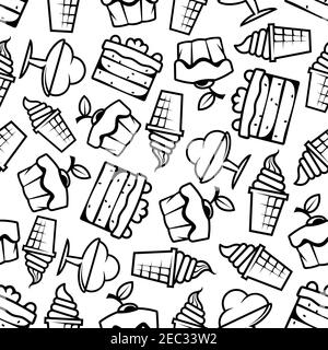 Dolce sfondo dessert con disegno nero e bianco senza cuciture di coni gelato e dessert di sundae, torte a fiocchi e cupcakes, con la zuppiera Illustrazione Vettoriale