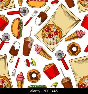 Scatole da asporto dai colori senza cuciture di pizza italiana e pollo fritto, hot dog, ciambelle e caffè, fragole e gelato al cioccolato modello o Illustrazione Vettoriale