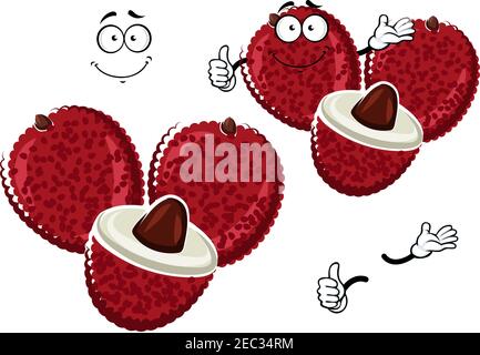 Cartoon asiatico esotico carattere di frutti di lychee rosa brillante con frutti a forma di cuore e volto felice. Utilizzare come ricette di cucina orientale piatti o cucina inte Illustrazione Vettoriale