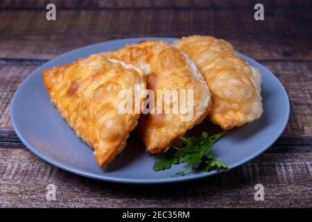 Cheburks con carne. Torta piatta fritta. Un piatto tradizionale. Primo piano. Foto Stock