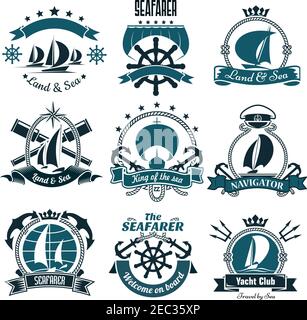 Barche a vela e barche a vela sportive icone per yacht club, sport a vela o design di viaggi marini tra cui helms e ancoraggi, occhiali spia e tridente Illustrazione Vettoriale