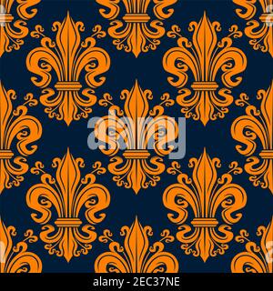 Sfondo fleur-de-lis ornamentale arancione brillante per tema monarchico o vintage design interno con motivo senza cuciture di fiori di giglio decorativi e. bu Illustrazione Vettoriale