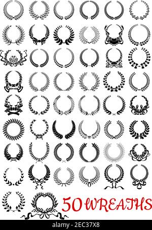 Corone floreali decorative icone nere per l'uso araldico e complulatorio design con rami e foglie o alberi ed erbe, fiori e orecchie di grano Illustrazione Vettoriale