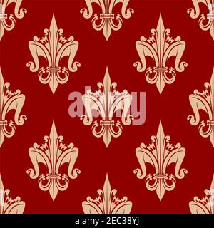 Decorativo stilizzato fleur-de-lis modello con delicato beige senza cuciture ornamento di gigli araldici reali francesi su sfondo rosso luminoso. Può essere utilizzato Illustrazione Vettoriale