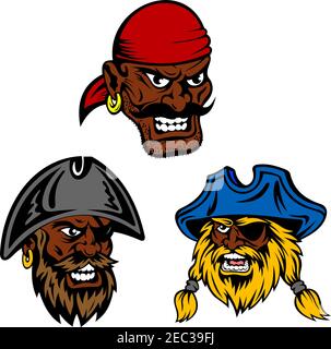 Pericolosi personaggi pirati equipaggio. Capitano pirata dalla pelle scura e boatswain con barbabelle shaggy che indossano cappelli vintage e macchie d'occhio e moustached An Illustrazione Vettoriale