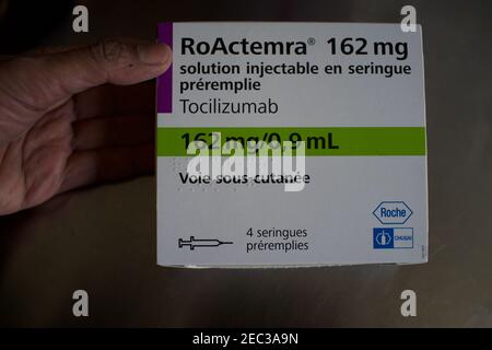 Tocilizumab, RoActemra farmaco Box, artrite farmaco utilizzato nel trattamento di Covid-19 Foto Stock