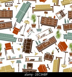 Sfondo retro senza cuciture di poltrone e poltrone da tappezzeria, librerie e tavolini da caffè, cassettiere con set tv, vasi e motivi di lampade. Illustrazione Vettoriale