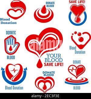 Icone di cuori rossi luminosi con gocce di sangue, grafici di battito cardiaco e palma aperta, completata da banner a nastro e didascalie donazione di sangue. Utilizzare come medico Illustrazione Vettoriale