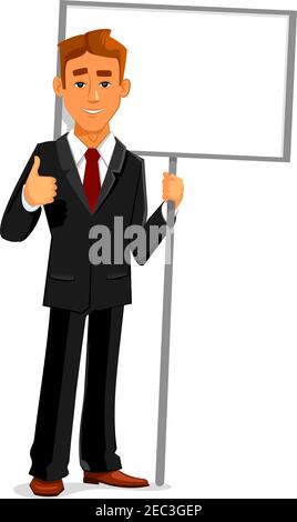 Cartoon sorridente uomo d'affari sta tenendo un cartello vuoto con spazio di copia e mostrando il pollice in su segno. Concetto di business per la pubblicità, la presentazione o. Illustrazione Vettoriale