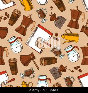 Macchine da caffè senza cuciture retro Cartoon, pentole e macinacaffè vintage, brocche di vetro di latte e tazze di macchiato, tazze di carta da asporto di cappuccino Illustrazione Vettoriale