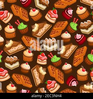 Motivo senza cuciture di torte al cioccolato con crema e decorazioni glassanti, cupcakes e muffin con frutta fresca e frutti di bosco, zucchero belga waf Illustrazione Vettoriale