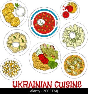 Piatti meatless della cucina ucraina per il simbolo dello schizzo della Quaresima con borscht vegetariano e zuppa, gnocchi di patate e frittelle con panna acida, pentola fritta Illustrazione Vettoriale
