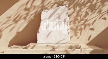 Piatto di pietra bianca prodotto podio su fondo di cemento beige con ombre foglia. Prodotto cosmetico minimo pietra lastra di fondo piattaforma. Scena mock-up di rendering 3D. Foto Stock