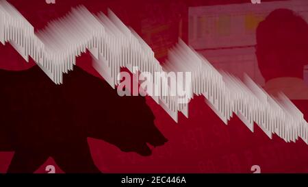 Un grafico a barre bianche su uno sfondo rosso con una silhouette nera di un orso che guarda verso il basso alla tabella a barre discendente mostra un... Foto Stock