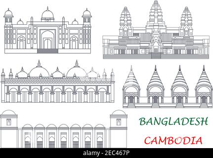 Antichi templi e moschee di Cambogia e Bangladesh linea sottile icone per attrazioni turistiche esotiche e design di concetto di viaggio con Angkor Wat e DH Illustrazione Vettoriale