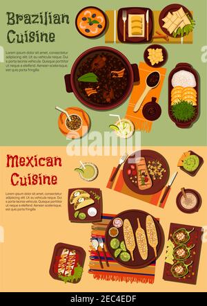 Deliziosa e ricca di sapori cucina del Messico e Brasile icone piatti con manzo alla griglia e mais, fagioli neri e gamberi stufati, tacos, enchiladas e g Illustrazione Vettoriale