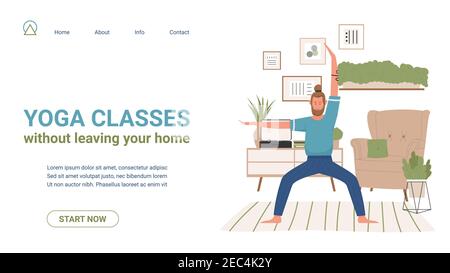 Lezione di yoga, illustrazione vettoriale della lezione online. Modello di sito web cartoon con carattere maschile yogist praticare yoga asana in casa soggiorno interno, fitness insegnante di formazione attiva pubblico virtuale Illustrazione Vettoriale