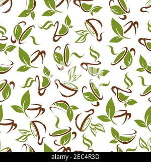 Bevande fresche di tè verde con sfondo decorativo senza cuciture di tazze marroni con aroma erbe tè bevande ornate da foglie e steli verdi. Noi Illustrazione Vettoriale