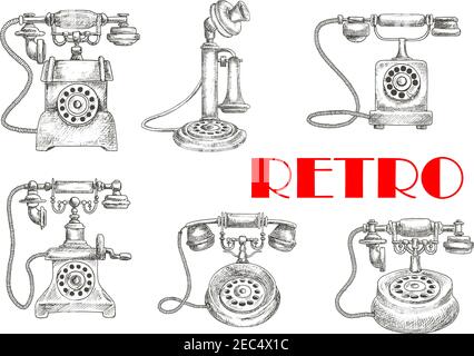 Schizzo di telefoni retro o vintage con manopola rotante e vecchio candelabro, auricolare e gancio di commutazione. Tecnologia obsoleta e classica per la comunicazione Illustrazione Vettoriale