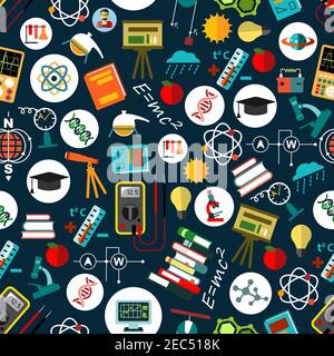Educazione fisica e modello di ricerca scientifica con uno sfondo piatto e continuo di computer, microscopi, atomi, eliche di dna, pianeti, libri, telescopi Illustrazione Vettoriale